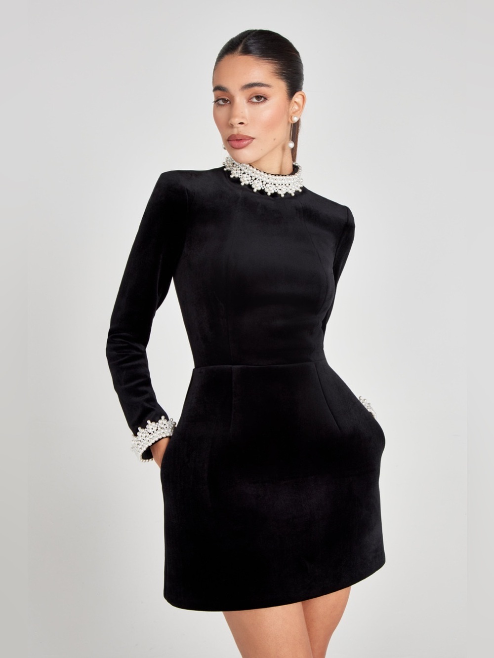 Nadine Merabi Audrina Black Velvet Pearl Trim Mini Dress XS/2 NWT - Picture 6 of 11